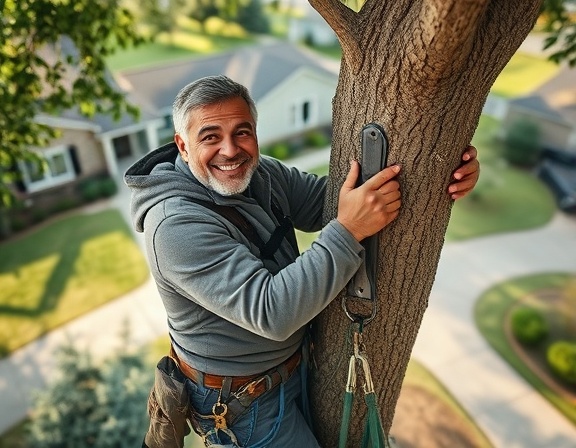 expert tree climber, satisfied expression, safely ascending with gear, photorealistic, suburban neighborhood background with manicured lawns, highly detailed, gear softly clinking, realistic texture, earthy tones, dappled lighting, shot with a 70-200mm telephoto lens.