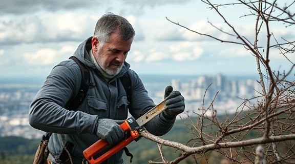 innovative arborist techniques, determined expression, efficiently pruning branches, photorealistic, on a hillside with a panoramic view of a distant city skyline, highly detailed, clouds moving swiftly in the background, modern tools glistening, soft greys and blues, diffused afternoon light, shot with a 70-200mm telephoto lens.