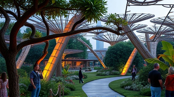 unique arborist design, engaging, creating a flyer, photorealistic, serene botanical garden, highly detailed, people enjoying the scenery, 8k resolution, natural hues, ambient dusk lighting, shot with a 24mm lens.