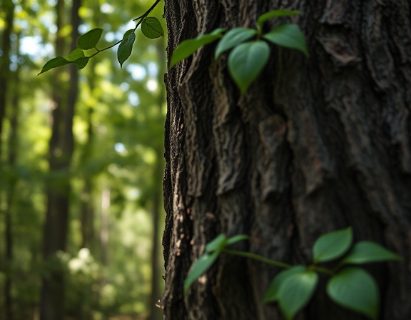 experienced arborist tree, concentrated expression, analyzing tree bark texture, photorealistic, dense forest backdrop with sunlight filtering through leaves, highly detailed, leaves rustling in the breeze, crisp resolution, deep browns and greens, diffused lighting, shot with a macro lens