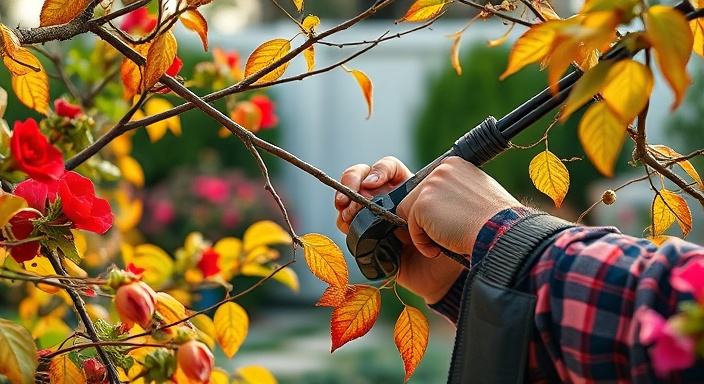 focused arborist pruning, meticulous expression, trimming branches, photorealistic, backyard garden with blooming flowers and shrubs, highly detailed, leaves gently falling, finesse in composition, vibrant reds and yellows, soft morning light, shot with a 85mm lens