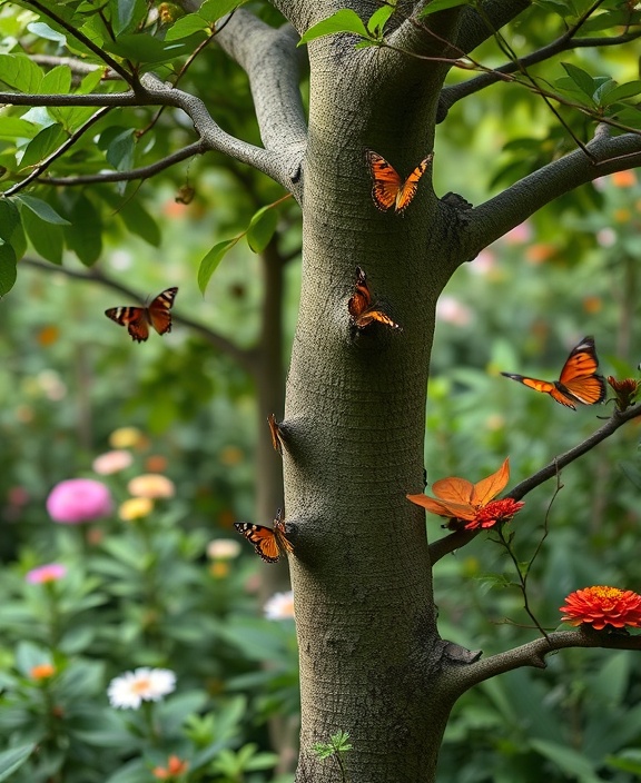 professional arborist strategy, focused, analyzing tree growth patterns, photorealistic, botanical garden with diverse flora, highly detailed, butterflies fluttering by, macro photography, vibrant greens, diffused lighting, shot with a 100mm lens.