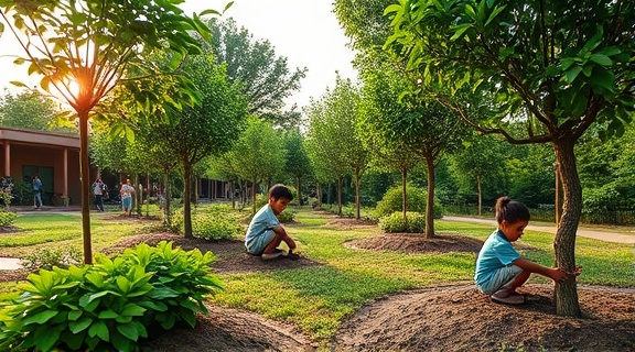 artistic arborist branding, appealing, sketching a logo concept, photorealistic, tranquil community garden, highly detailed, children planting trees, 8k resolution, pastel shades of green, early evening light, shot with a 35mm lens.