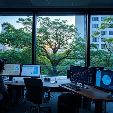 dynamic arborist strategies, thoughtful, planning a marketing strategy, photorealistic, office overlooking urban treetops, highly detailed, digital screens displaying charts, 8k resolution, professional blues and greens, soft office lighting, shot with a 50mm lens.
