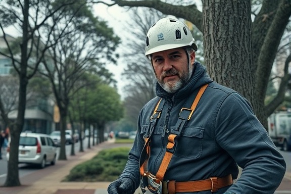 cautious arborist safety, vigilant expression, demonstrating equipment use, photorealistic, urban park with tall trees and pedestrians, highly detailed, safety harness glinting, extreme sharpness, muted gray and blue, diffused lighting, shot with a wide-angle lens