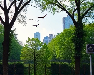 innovative arborist advertising, introspective, planning tree maintenance, photorealistic, urban park with high-rise buildings in the background, highly detailed, birds flying overhead, HDR imaging, green and grey, afternoon lighting, shot with a 35mm lens.