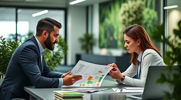 effective arborist strategies, pragmatic, organizing a marketing plan, photorealistic, modern office setting with green decor, highly detailed, colleagues sharing ideas, 8k resolution, cool tones, office LED lighting, shot with a 35mm lens.