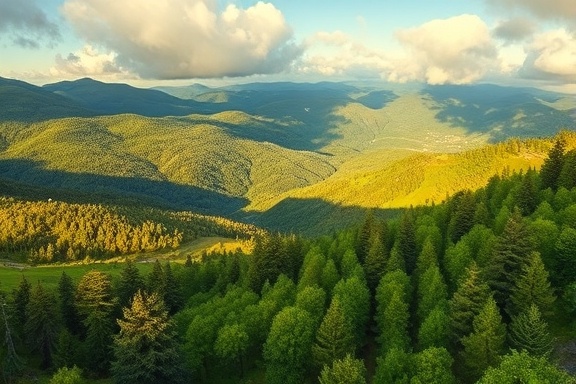 energetic arborist landscape, awe-inspired expression, surveying vast greenery, photorealistic, mountainous terrain with rolling hills and diverse tree species, highly detailed, clouds casting moving shadows, panoramic view, rich earthy tones, golden hour lighting, shot with a panoramic lens