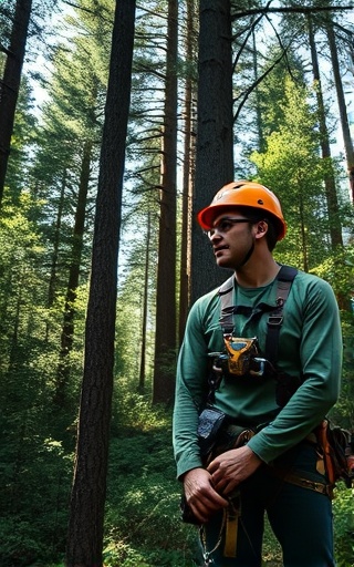 advanced arborist safety, focused expression, explaining procedures, photorealistic, amidst a thick forest with towering trees and underbrush, highly detailed, wildlife subtly observing, sleek design of safety gear, deep forest greens and browns, dappled sunlight, shot with a 35mm prime lens.