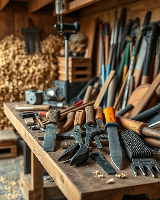 organized arborist tools, neatly arranged, ready for use, photorealistic, wooden workbench set in a workshop filled with wood shavings, highly detailed, dust motes in the air, high resolution, earth tones, ambient lighting, shot with a macro lens