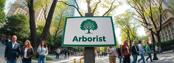 dynamic arborist visibility, determined, placing a sign featuring their logo, photorealistic, bustling city park, highly detailed, people passing by, 4K resolution, vibrant color scheme, midday sunlight, shot with a fisheye lens.