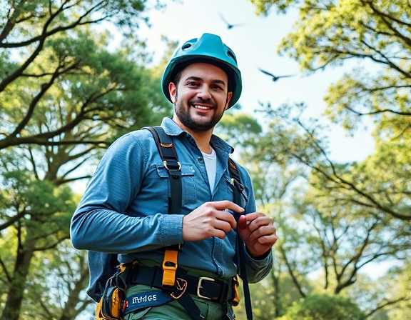 modern arborist gear, confident expression, demonstrating use, photorealistic, within a bustling urban park surrounded by towering trees, highly detailed, birds soaring in the sky, reflective surfaces on the gear, vibrant greens and blues, bright morning light, shot with a 24-70mm zoom lens.