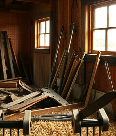 vintage arborist equipment, thoughtful expression, skillfully arranging tools, photorealistic, in a cozy shed filled with sawdust and wooden panels, highly detailed, sunlight filtering through old windows, patina on the metal parts, muted browns and greys, warm incandescent lighting, shot with an 85mm prime lens.