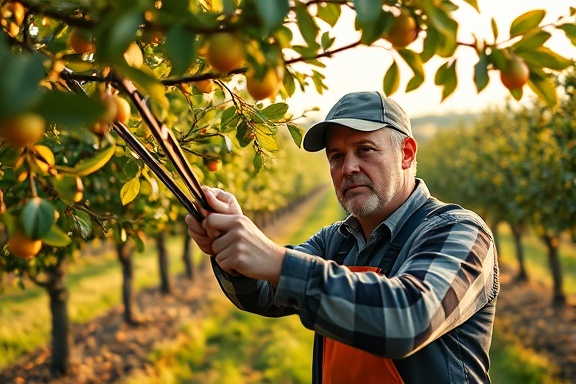 professional tree pruner, attentive expression, methodically pruning branches, photorealistic, countryside orchard background with rows of fruit trees, highly detailed, gentle breeze moving branches, fine resolution, warm shades, golden hour lighting, shot with a wide-angle lens.