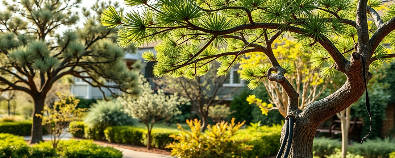 elegant arborist brochure, professional, showcasing a tree care process, photorealistic, in an outdoor garden setting with various tree species, highly detailed, including movements of branches swaying, digital layout with glossy finish, earthy color palette, soft ambient light, shot with a wide-angle lens.