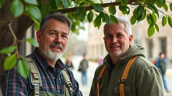 experienced tree care specialist, confident expression, teaching an apprentice, photorealistic, college campus background with students passing by, highly detailed, leaves gently swaying, precision sharpness, neutral colors, diffused lighting, shot with a 35mm lens.