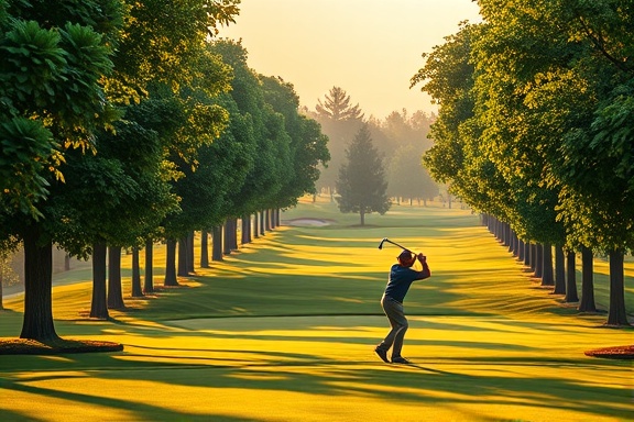 classy arborist design, sophisticated, illustrating marketing materials, photorealistic, elite golf course lined with trees, highly detailed, golfers enjoying the landscape, 8k resolution, elegant greens, golden hour lighting, shot with a 50mm lens.