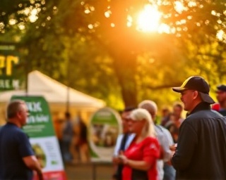strategic arborist promotion, persuasive, explaining the benefits of tree care, photorealistic, community event with people gathered around, highly detailed, brochures and informational banners visible, bokeh effect, warm colors, golden hour glow, shot with a 24mm lens.