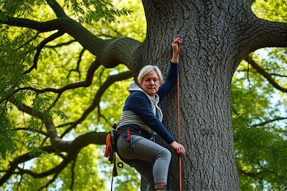 arborist climbing, determined expression, scaling a towering oak tree, photorealistic, dense forest background with dappled sunlight, highly detailed, leaves rustling in the wind, bokeh effect, natural greens and browns, bright sunlight filtering through, shot with a wide-angle lens.