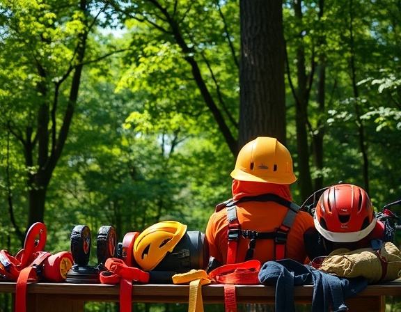 modern arborist equipment, neatly organized, photorealistic, displayed against a backdrop of a lush green forest, highly detailed, dynamic play of shadows, crisp focus, vibrant colors of safety gear, even daylight illumination, shot with a 35mm lens.