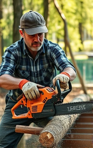 arborist at work, focused expression, using a chainsaw on a log, photorealistic, set in a sun-dappled forest clearing, highly detailed, dust particles in the air, high dynamic range, natural wood textures, sharp sunlight, shot with a telephoto lens.