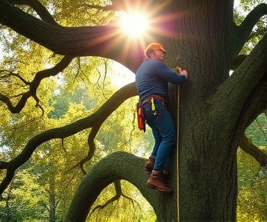 focused arborist climbing, skillfully maneuvering, ascending an ancient oak tree, photorealistic, set in a serene forest setting with sunlight filtering through the foliage, highly detailed, climbing ropes sway gently, vibrant colors, warm morning light, shot with a 24-70mm zoom lens.