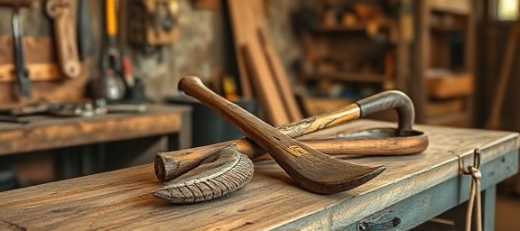 vintage arborist tools, showing signs of wear, poised for restoration, photorealistic, resting on a weathered workbench in a cozy workshop, highly detailed, patina and rust highlighted, earthy tones, warm ambient lighting, shot with a 70mm lens.