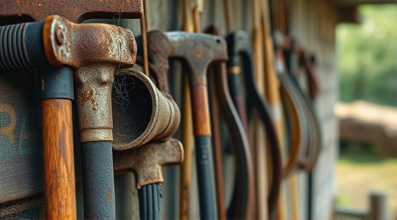 traditional arborist tools, rusted with age, photorealistic, hanging on a rustic barn wall, highly detailed, cobwebs in corners, atmospheric depth of field, earthy rust tones, diffused morning light, shot with a macro lens.