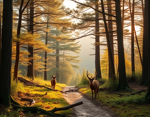 distinctive arborist design, captivating, designing a brochure, photorealistic, picturesque countryside forest, highly detailed, wildlife interacting with nature, 8k resolution, vibrant earth tones, soft morning light, shot with a 24mm lens.