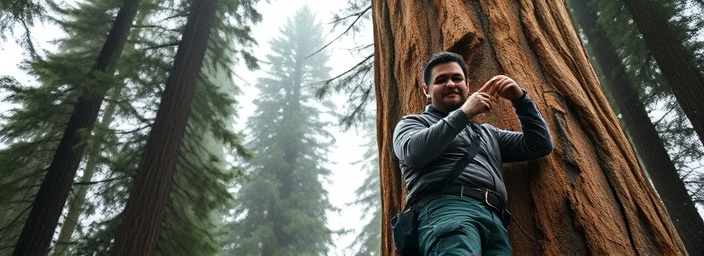 adventurous arborist professional, eager expression, climbing a giant sequoia, photorealistic, towering tree in an ancient forest, highly detailed, light raindrops falling, high resolution, rich mahogany and deep forest greens, soft dappled lighting, shot with a telephoto lens