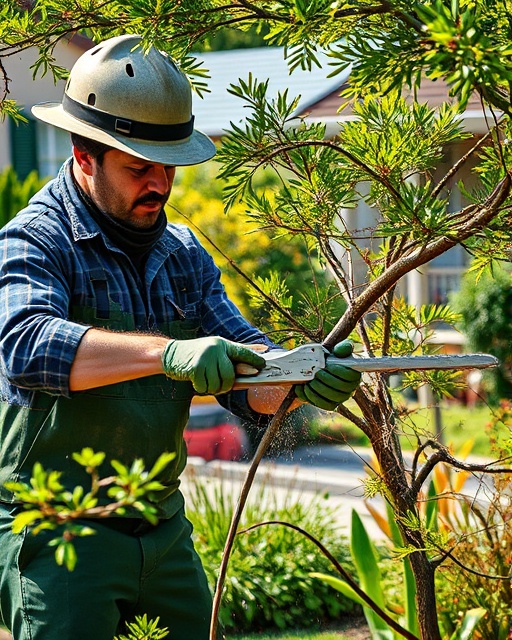 skilled arborist cutting, intense expression, carefully pruning branches, photorealistic, suburban garden with various plants, highly detailed, sawdust in the air, high depth of field, vibrant greens and browns, midday sunlight, shot with a telephoto lens