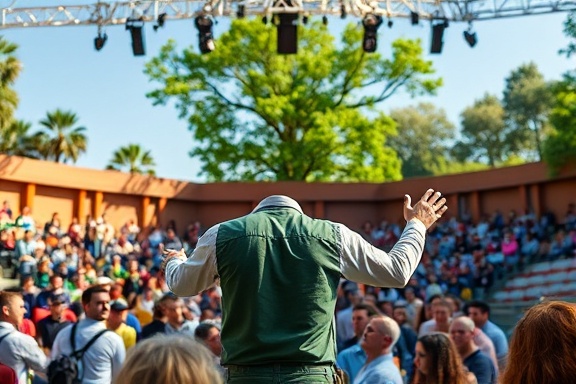 creative arborist marketing, enthusiastic, presenting a tree care workshop, photorealistic, open-air amphitheater, highly detailed, animated gestures, 4K resolution, bright colorful advertisements, dynamic stage lighting, shot with a telephoto lens.