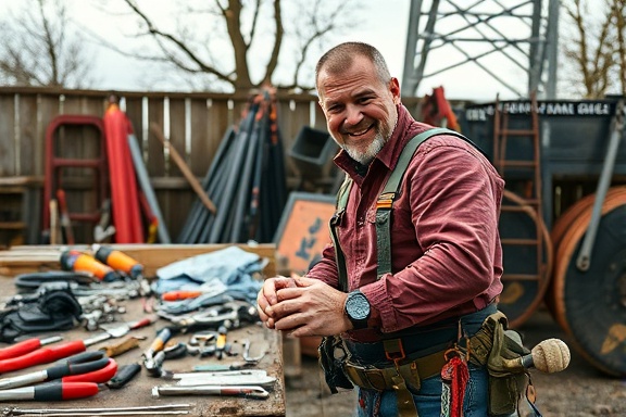 dedicated arborist gear, enthusiastic expression, organizing climbing equipment, photorealistic, outdoor workshop with tools scattered around, highly detailed, wind gently blowing, fine texture focus, industrial grays and bright reds, soft ambient light, shot with a wide-angle lens