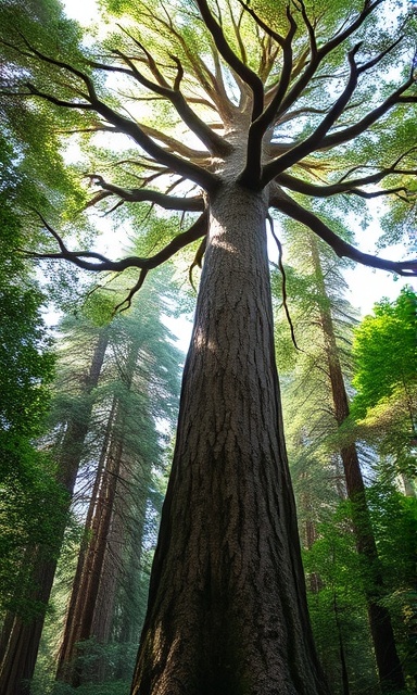 majestic arborist tree, reaching skyward, proudly standing, photorealistic, surrounded by other lush greenery in a dense forest, highly detailed, shafts of sunlight breaking through the canopy, rich greens and browns, diffused natural light, shot with an 85mm prime lens.