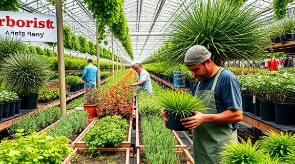 vibrant arborist promotion, passionate, brainstorming campaign ideas, photorealistic, bustling nursery with diverse foliage, highly detailed, workers potting plants, 8k resolution, lively green shades, noon daylight, shot with a 50mm lens.