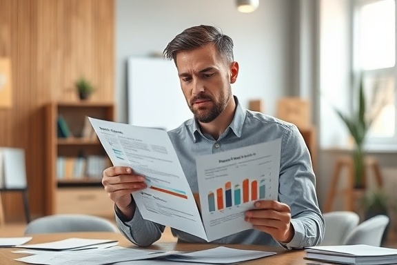 concerned arborist reputation, focused, analyzing a report of customer opinions, photorealistic, modern workspace with wooden elements, highly detailed, papers scattered, 4K resolution, neutral grey tones, overhead lighting, shot with a prime lens.