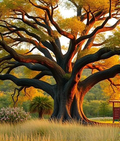 majestic arborist tree, sprawling branches, arboreal habitat, photorealistic, surrounded by flowering bushes and tall grass, highly detailed, birds fluttering in the canopy, ultra-high definition, rich earthy tones, golden hour lighting, shot with an 85mm lens.