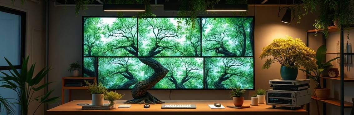 contemporary arborist branding, trendy, sculpting digital content, photorealistic, tech-savvy workspace with greenery accents, highly detailed, screens showcasing nature themes, 8k resolution, modern color palette, ambient lighting, shot with a 24mm lens.