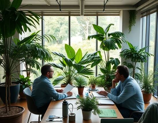 efficient arborist strategies, analytical, developing action plans, photorealistic, high-rise office with lush plant views, highly detailed, team collaboration, 8k resolution, neutral office tones, bright workshop lighting, shot with a 24mm lens.